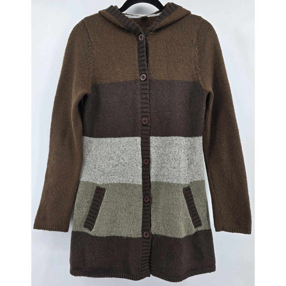 PRANA Cardigan Sweater Brown Stripe‎ Button Hooded Wool Blend Pockets Gorpcore